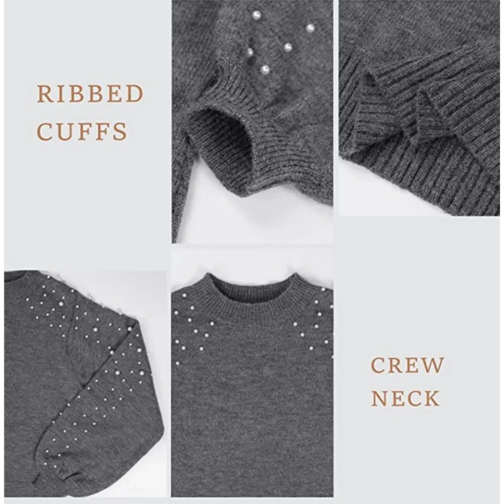 Gray Knit Pearl Embellished Lantern Sleeve Long Sleeve Bodycon Mini Dress - Picture 6 of 8